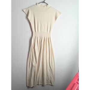 Cloud Ten Cream Knit Mock‎ Neck Midi Dress Cap Sleeve Ribbed Waist Off White